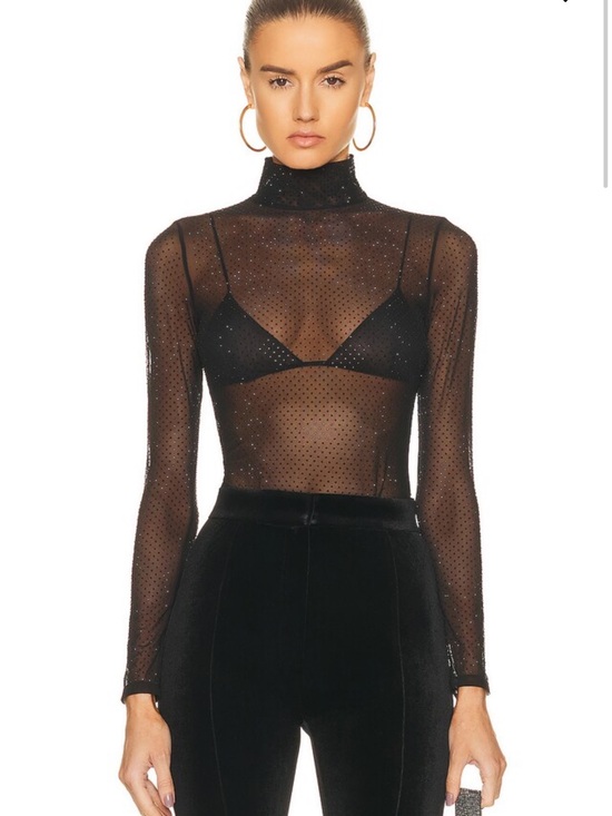 Fleur du Mal Tops - Fleur du Mal Sheer Rhinestone Mock-Neck Long Sleeve Top — Black